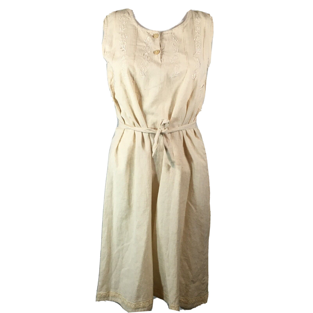 Riva Dress Womens Sz M Beige Linen Cotton Floral Embroidered Tie Waist A Line‎